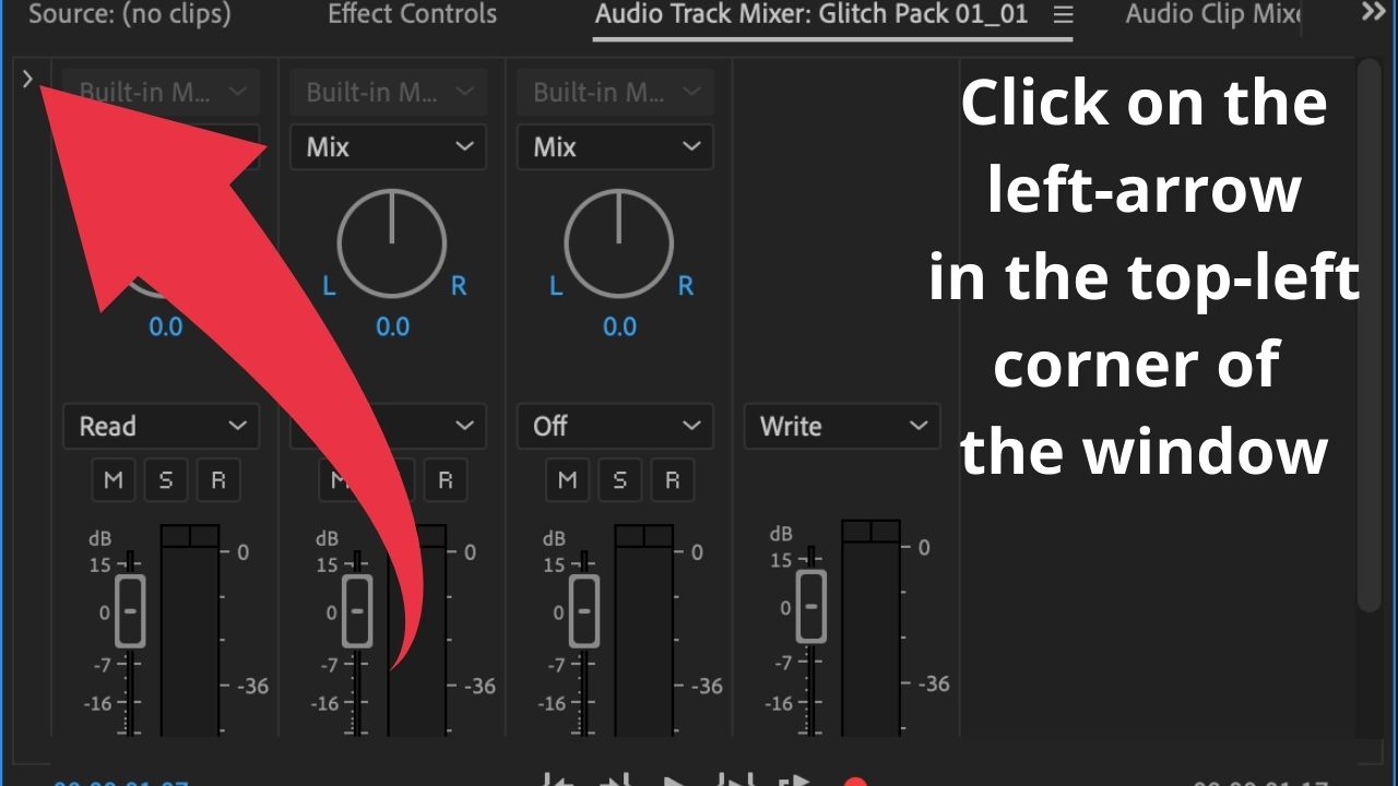 Step 3 Click on the right-arrow in the top left corner of the Audio Track Mixer Window